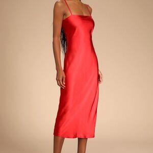Lulus Leading Lady Red Satin Lace-up Midi Slip Dress - Size S